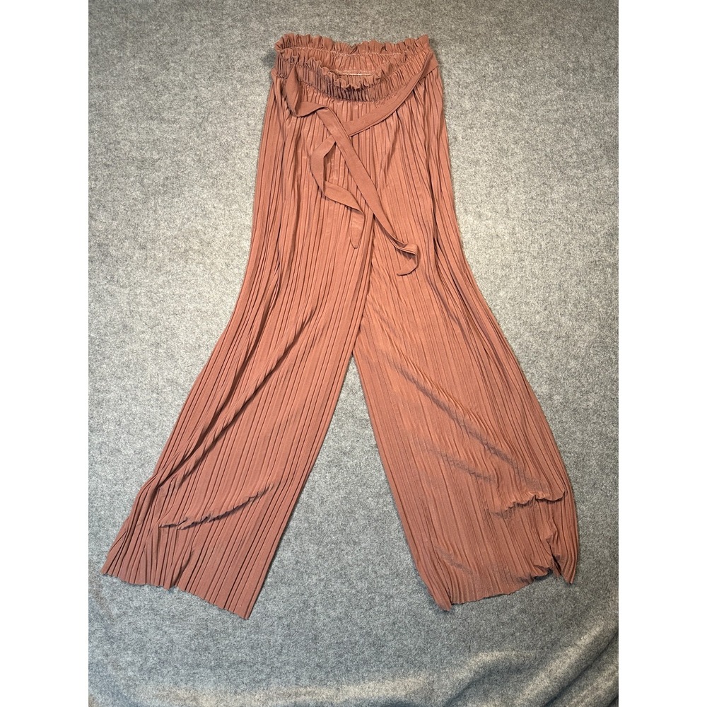 Womens Palazzo Pants One Size Mauve Stretch Pleated Paperbag Waist Wide Leg